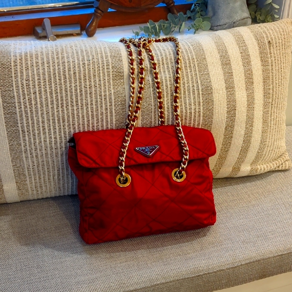 Prada Red Nylon Quilted Chain Strap Bag